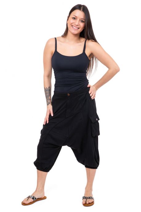Woman sarouel baggy urban ethnic blue denim jeans and purple Sikha